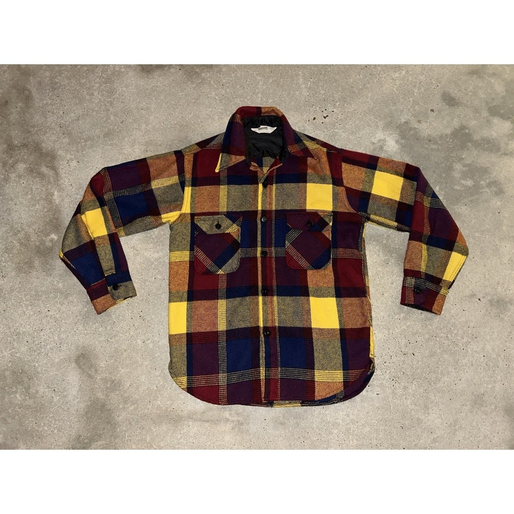 Vintage Montgomery Ward Heavy Flannel Wool Shirt Sz M Yellow‎ Blue Red